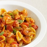 Orecchiette-Nudeln mit Garnelen in Tomatensauce