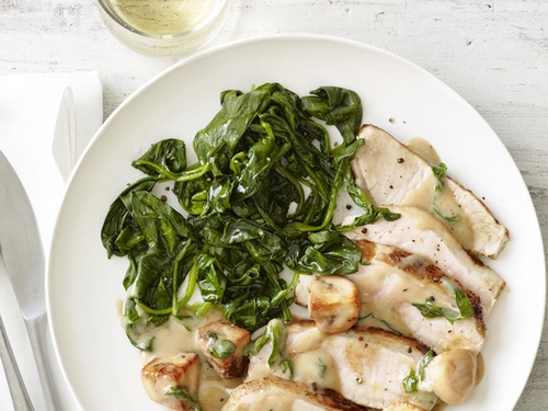 Zubereitung - Gebackenes Schweinefleisch mit Pilzsoße und Spinat