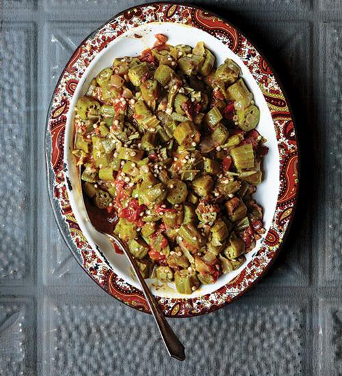 Rezept für gebackene Okraschoten mit Harissa