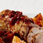 Gebratenes Schweinefleisch mit Blutorangen-Mostarda-Sauce