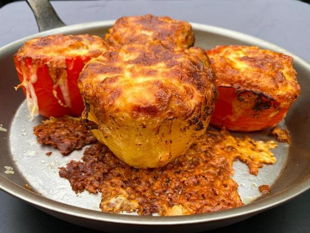 Rezept für gefüllte Paprika mit Auberginen, Reis und Käse